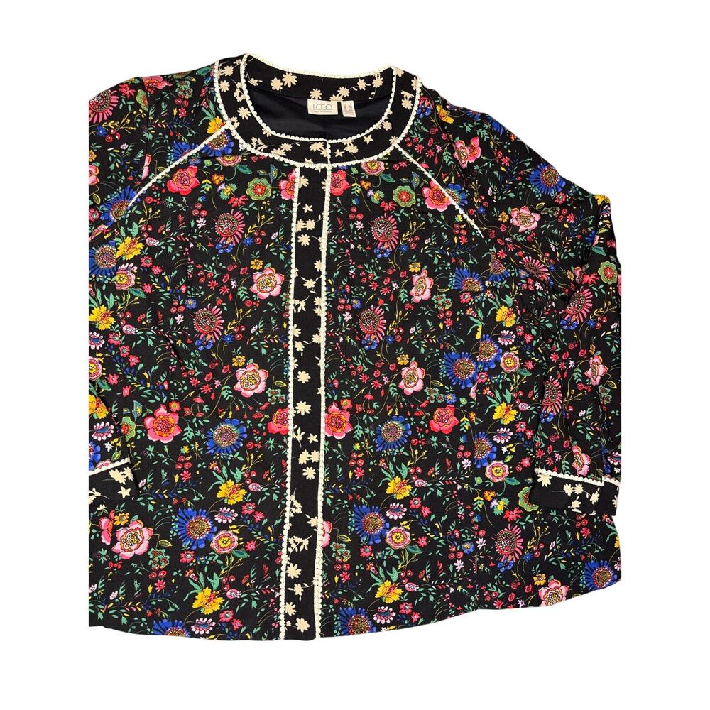 LOGO Lavish Lori Goldstein 1X JACKET mixed floral print woven picot trim